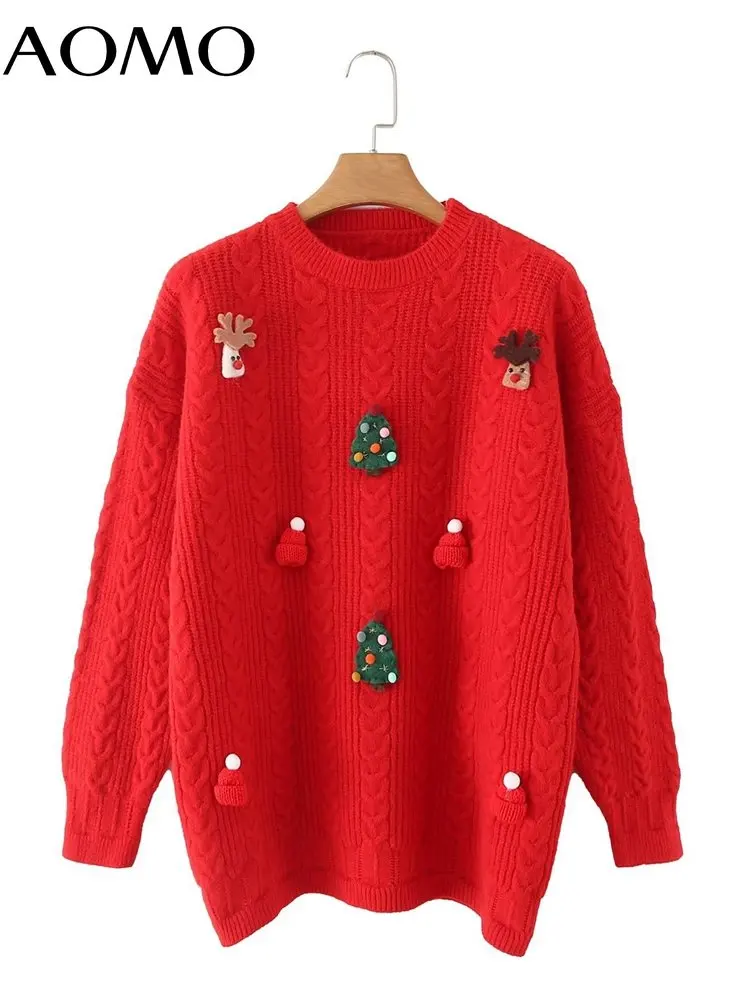 

AOMO Women 2022 Winter Elegant Red Christmas Knitted Sweater Jumper O Neck Female Oversize Pullovers 4T101A