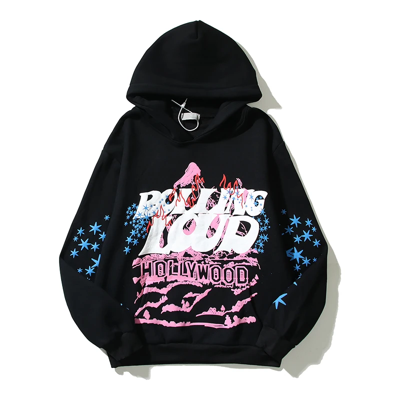 

High Stree Letter Stars Graffiti Fleece Hoodies Men and Women Retro Oversized Pullover Sweatshirts Loose Casual Hooded Hoody