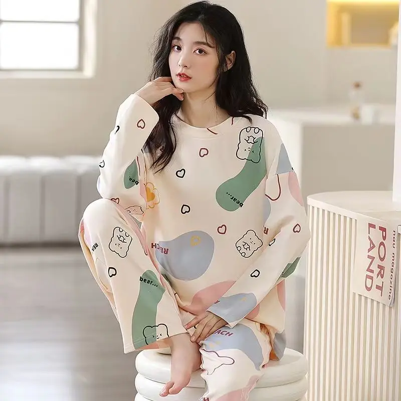 New Spring and Autumn New Pajamas Ladies Long-sleeved Trousers Cardigan Print Sweet and Fresh Home Service Women's Pajamas Set