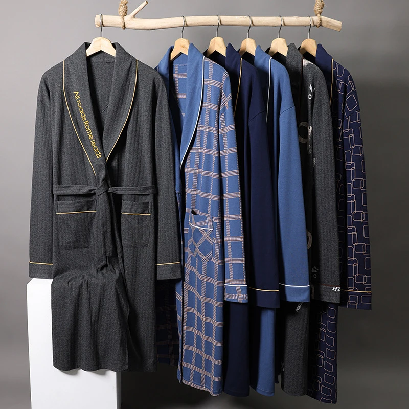 2022 Spring Autumn Bathrobe Men 100% Cotton Sleep Top Kimono Robesfor Male Plaid Robes Long Bath Robe Bride Robe Dressing Gown