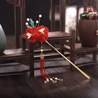 hanfu hair stick metal red hairpin with tassel for women ancient chinese head jewelry