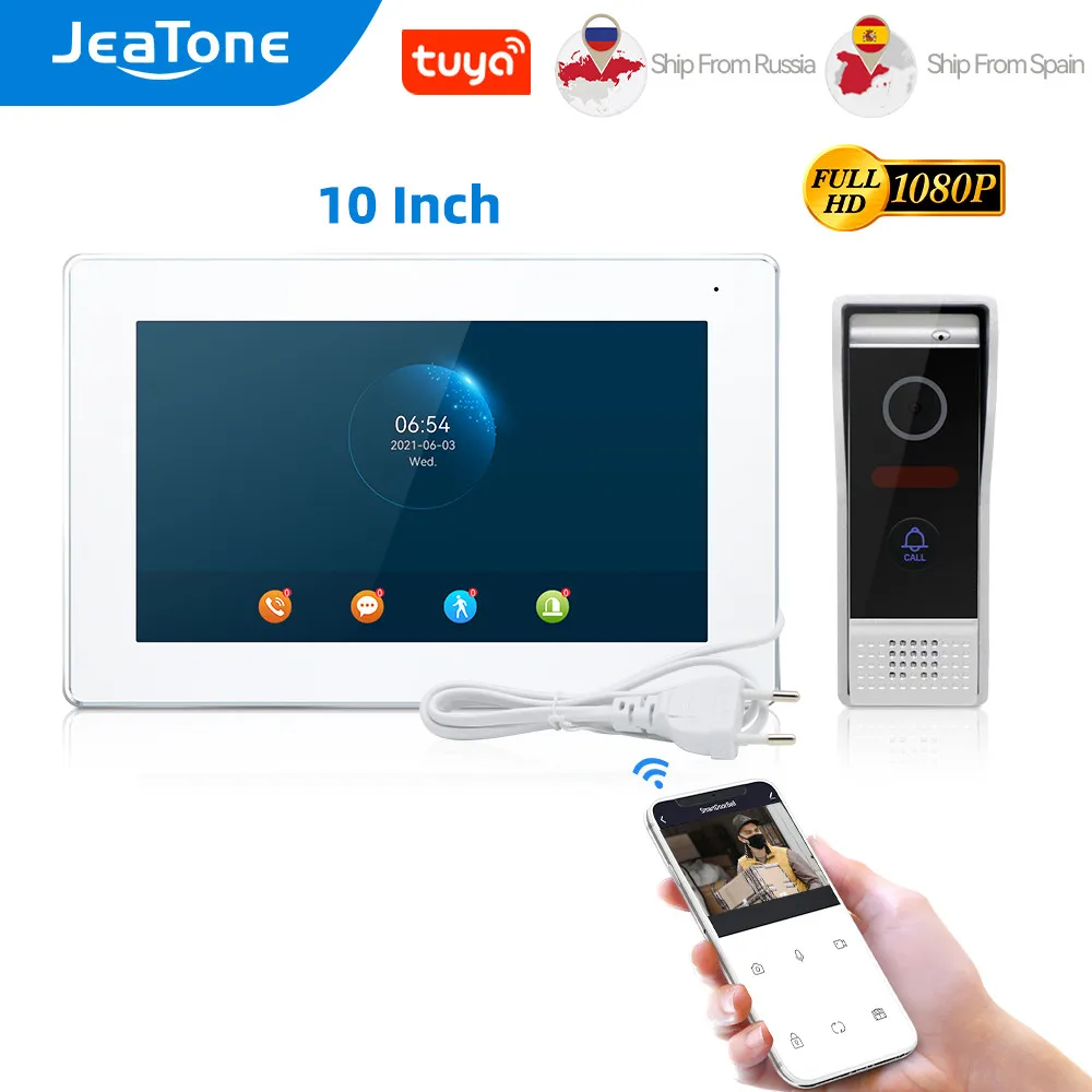 JeaTone 10 Inches Tuya WiFi Video Intercom Home System 1080P Full Touch Screen Monitor with 2.0MP Wired Door Phone Doorbell Set