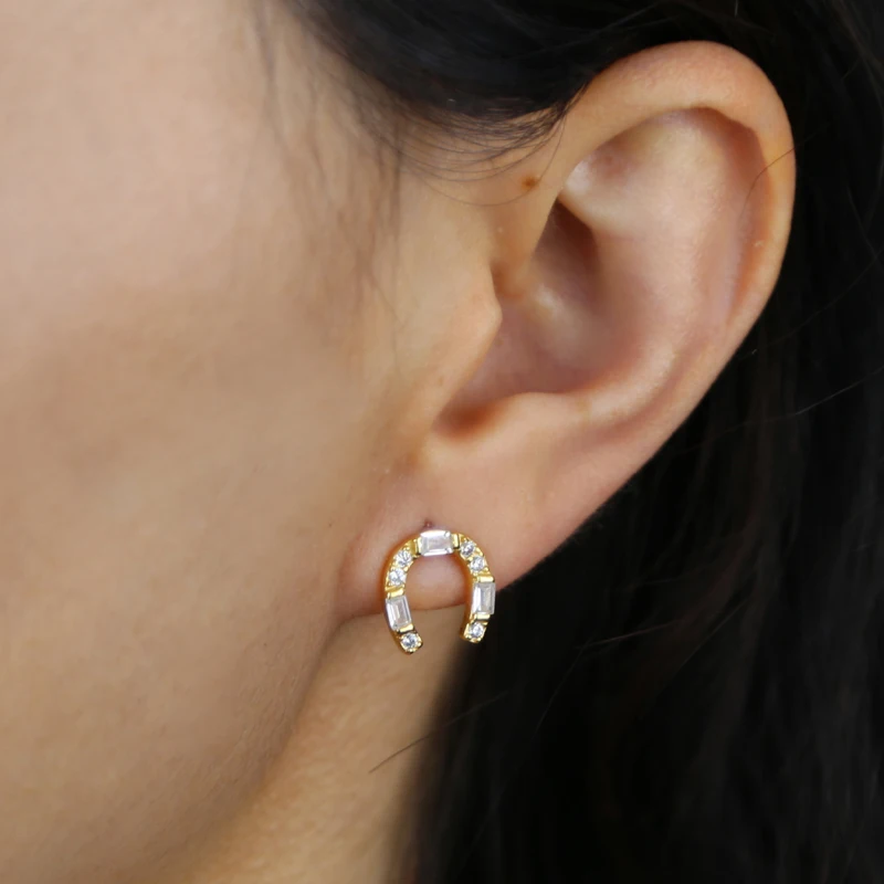 Настоящее серебро 925 пробы прозрачные серьги-гвоздики с подковой U-образной формы