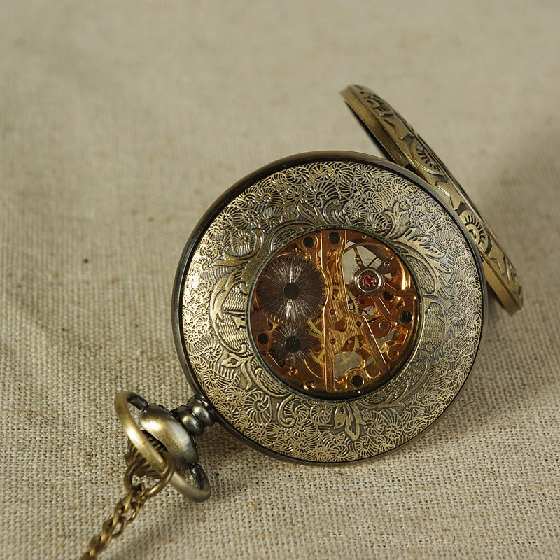 Luxury Steampunk Mechanical Pocket Watch for Men Women Skeleton Case Vintage Flower Roman Numerals Dial Fob Chain Pendant Clock