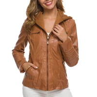 fashion women autumn faux leather long sleeve hooded zipper motorcycle jacket