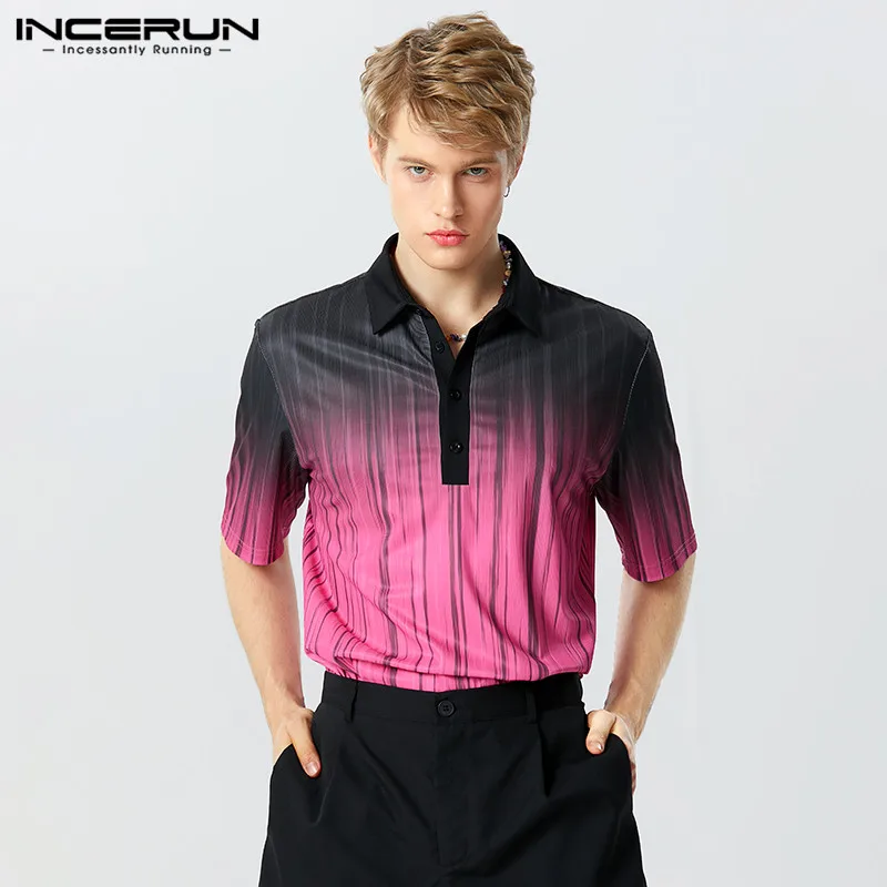 

INCERUN Men Shirt Lapel Short Sleeve Loose 2023 Tie Dye Gradient Casual Men Clothing Streetwear Summer Fashion Camisas S-5XL