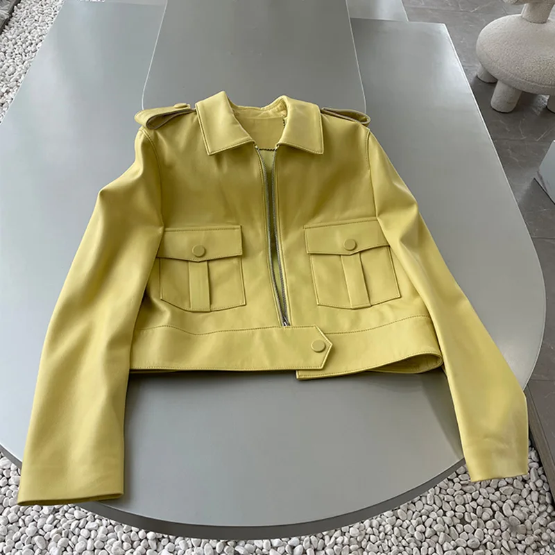 Lady Real Leather Jackets Crop Solid Zipper Bomber Coats Genuine Sheepskin Biker Jacket Short Coat Pocket Fashion Autumn ZM4047