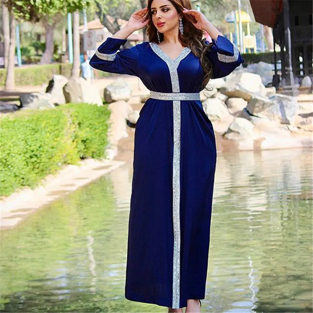 

Women's Dress Diamond Stitching Contrast Color Temperament With Belt Long Dress Muslim Party Clothing Arab Dubai Ethnic Style