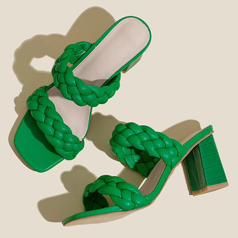 Sandalias de tacón alto de 2022 cm para mujer, zapatos de plataforma de cuero tejido, color verde y azul, para verano, 7,5