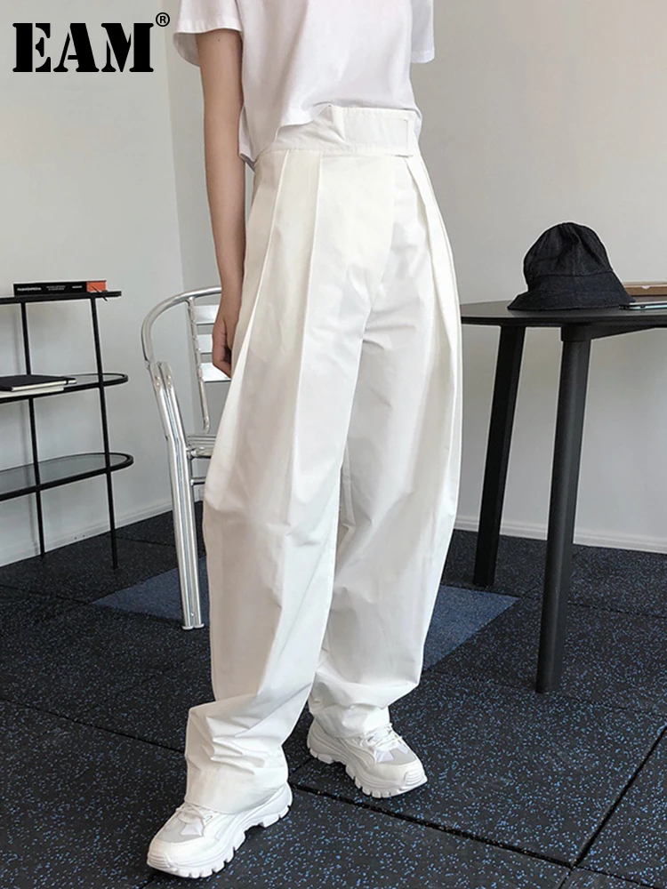 

[EAM] High Waist White Pleated Brief Long Wide Leg Trousers New Loose Fit Pants Women Fashion Tide Spring Autumn 2022 1DE0935