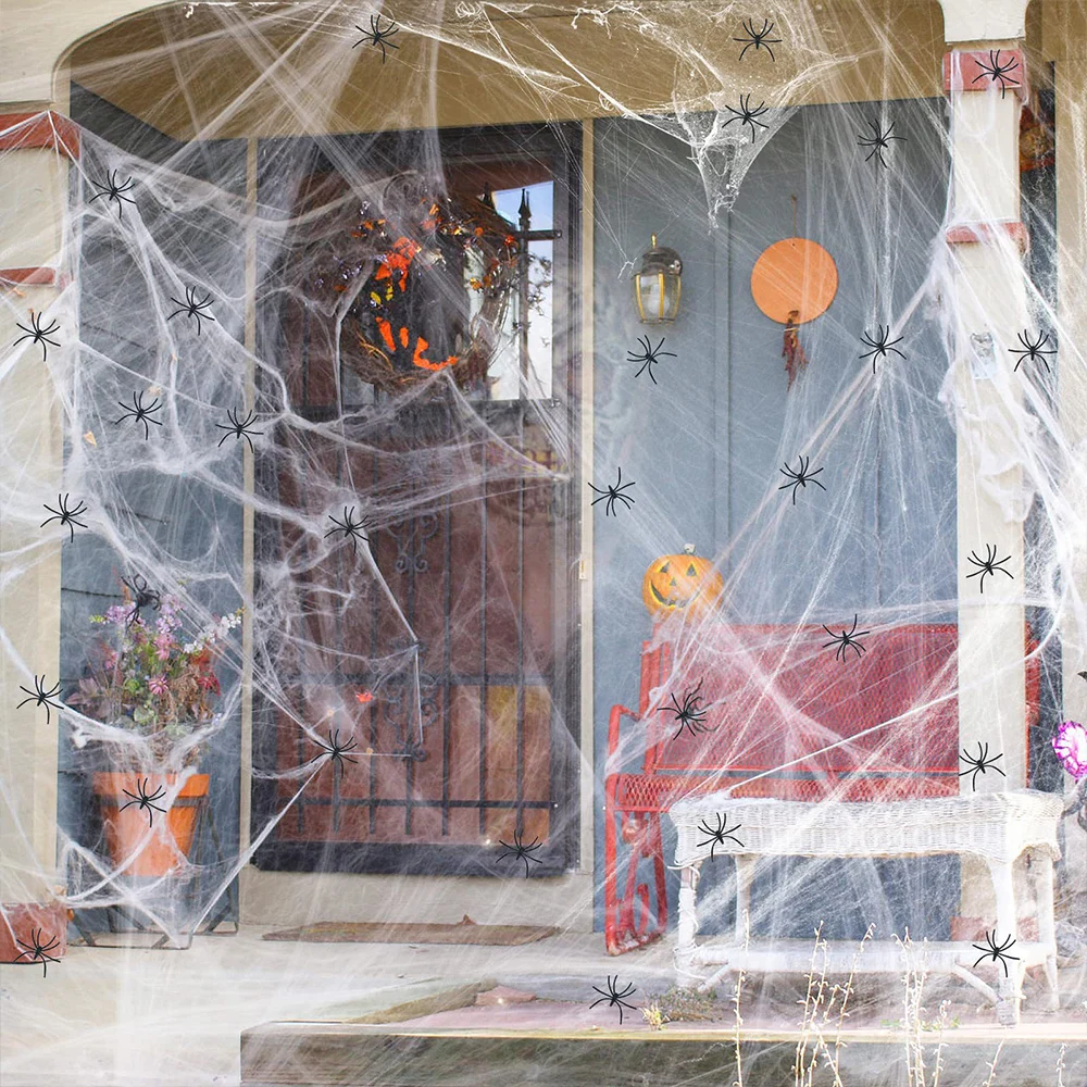

White Stretchy Cobweb Halloween Decorations Artificial Spider Web with Fake Spiders Scary Party Scene Decor Horror House Props