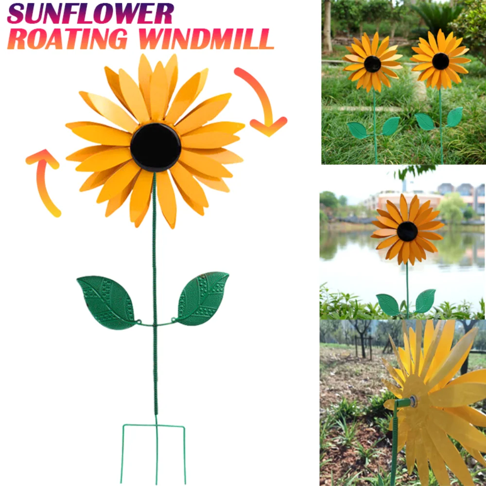 

3D Metal Rotating Sunflower Wind Spinner Windmill Sculpture Outdoor Garden Courtyard Lawn Windmill Decorations Pastoral Style