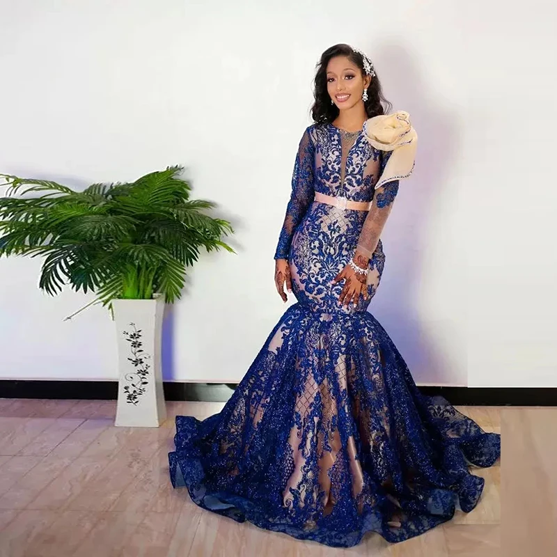 

Navy Blue Lace Mermaid Prom Dresses Aso Ebi Style Sheer Long Sleeves African Evening Gowns Saudi Arabia Party Dress Robe De
