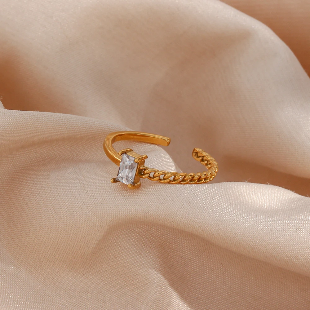 

Minimalist Asymmetrical Braid Chain Square Zircon Crystal Ring For Women Adjustable Gold Plated Stainless Steel Ring