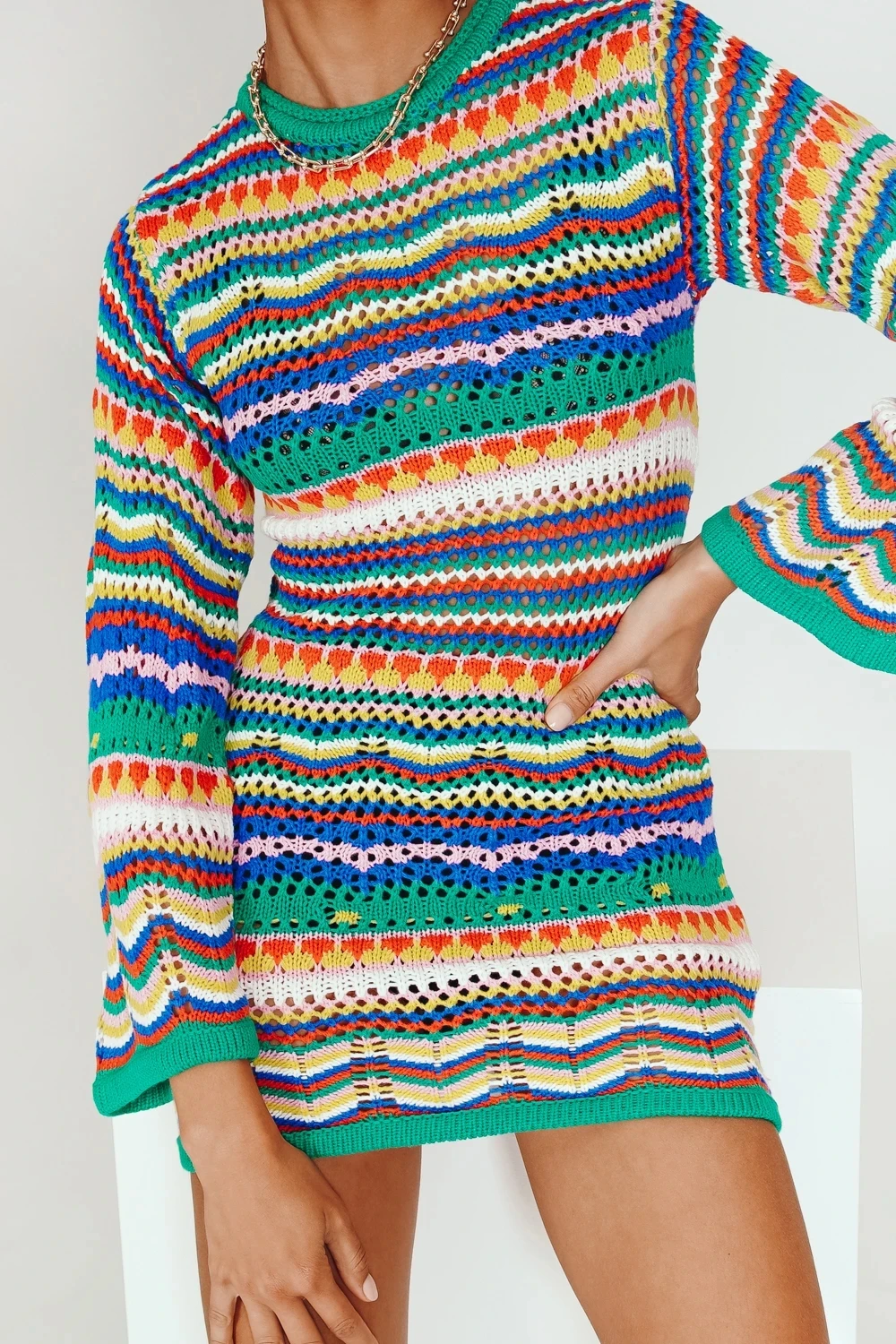 

Round neck Women's sweater Women's rainbow stripe pullover medium long wool dress