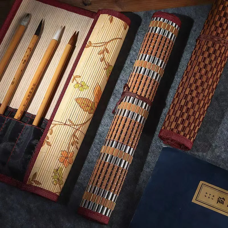 

Brush Roller Pen Bag Retro Style Watercolor Pen Bamboo Curtain Large Capacity Brush Storage Bag Art Supplies