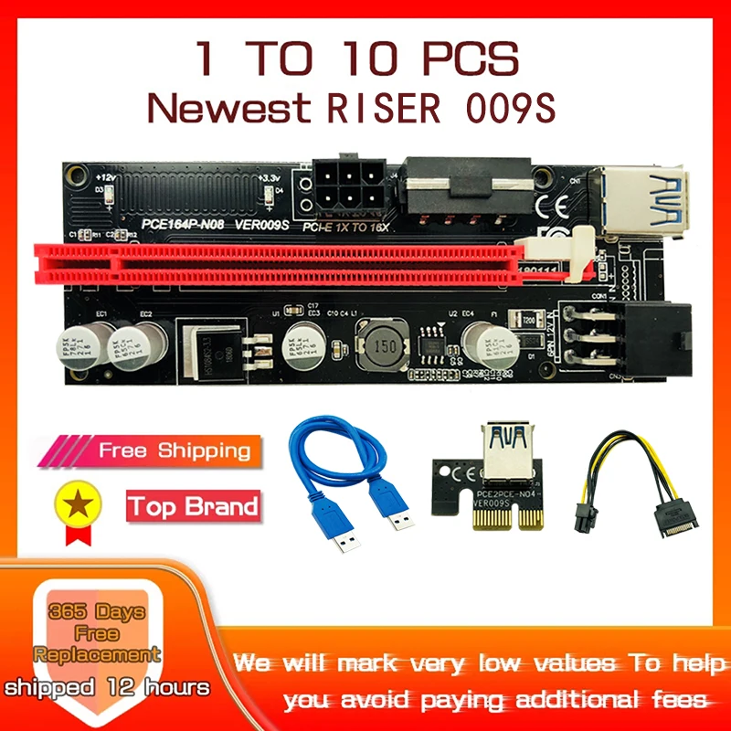 

1-10Pc Riser 009s Red PCI Express X1 to X16 Extender 60CM PCIE Card 4Pin 6Pin SATA Power LED for Video Card Bitcoin Miner Mining