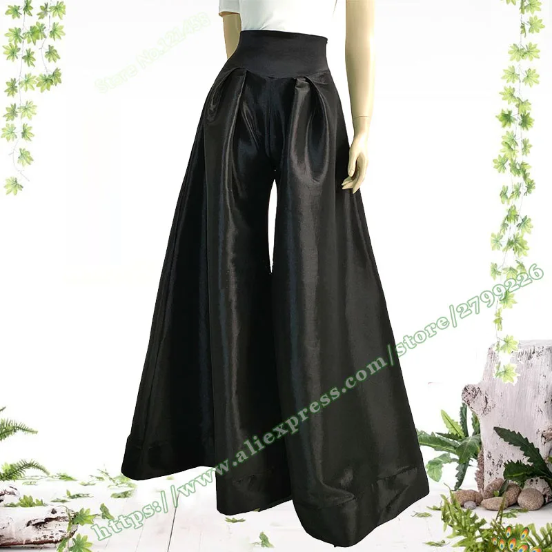 2022 Plus Size Summer Fashion Elegant Black Puffy Skirt Satin High Waist Pleated Flared Trousers Women's Wide Leg Female Pants