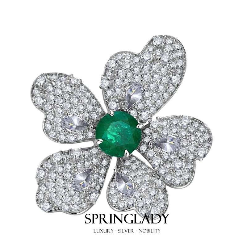 

SpringLady Vintage 100% 925 Sterling Silver Flower 8MM Emerald High Carbon Diamond Gemstone Wedding Party Ring Fine Jewelry