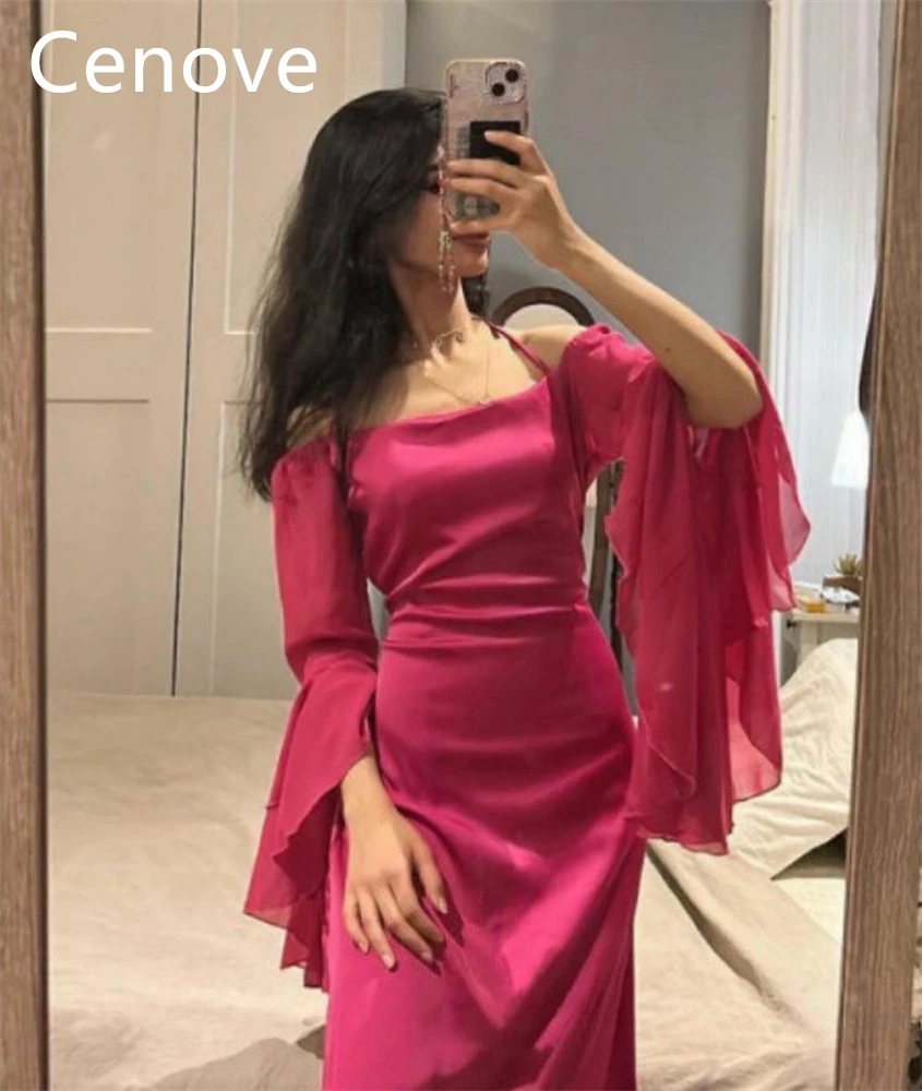 

Cenove Popular Fuchsia Halter Prom Dress Long Sleeves With Ruffle And Ankle Length Evening Summer Party Dress For Women