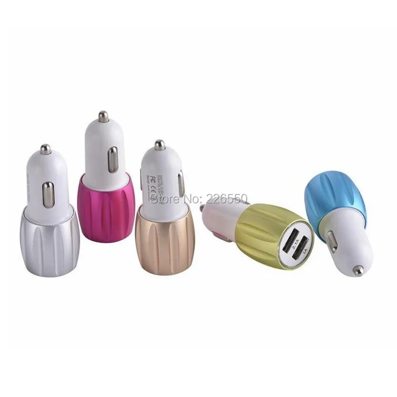 

200pcs Car Chargers 2 Ports Fast Charging For Samsung Huawei iphone Universal Phone Colorful Metal Aluminum Usb Car Charger