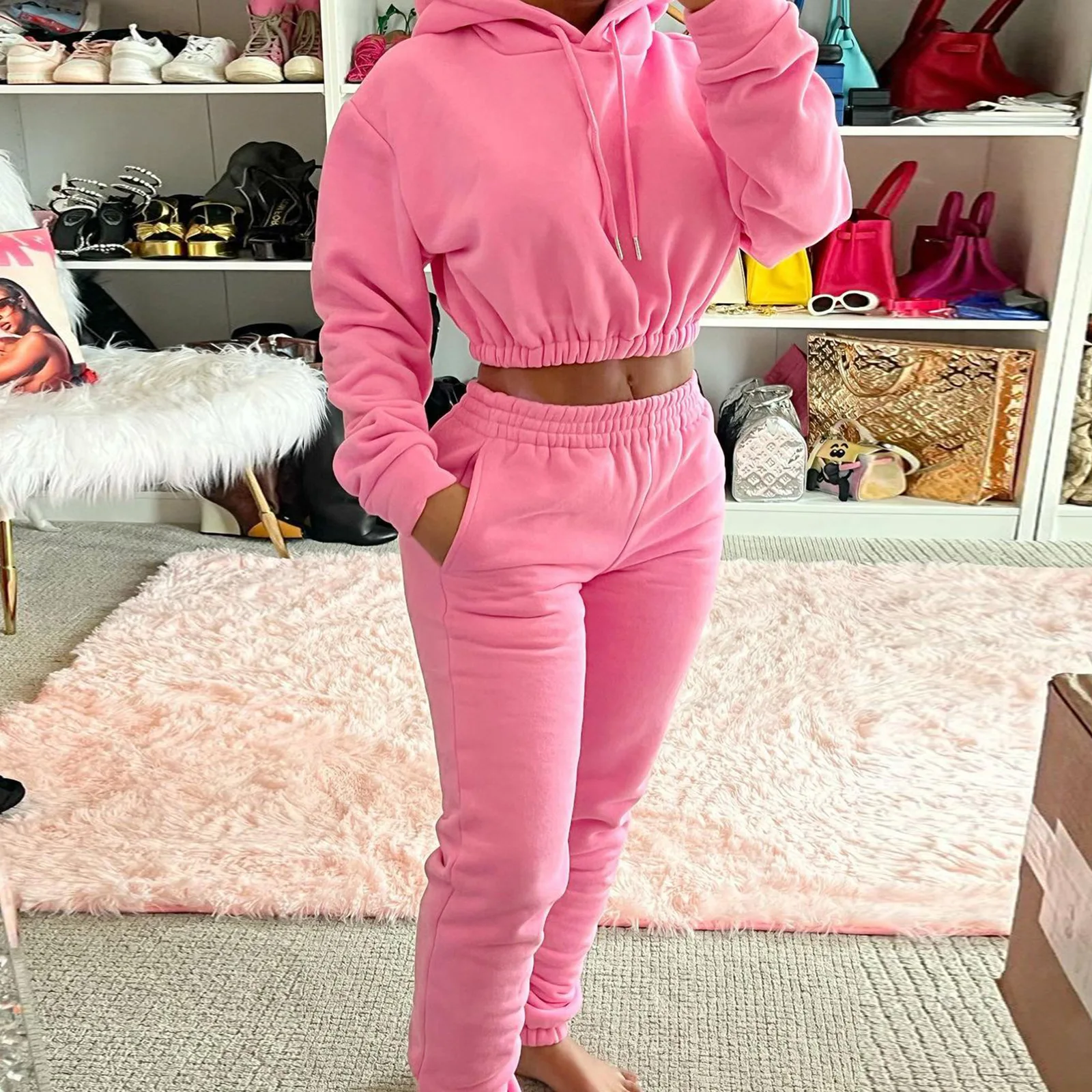 

Hoodie Cropped Top Tracksuit Thick Warm Two Piece Set Elegant 2 Pieces Sets Women Outfit Fleece Pant Sweatsuit Pullovers Hoodies