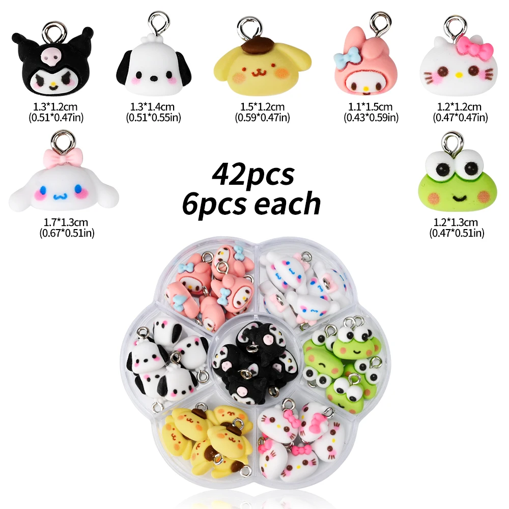 36/42/50/70Pcs MINISO Kawaii Kuromi Hellokitty Nail Charms 1Box Cartoon Resin Hello Kitty Art With Hoop Cute Craft