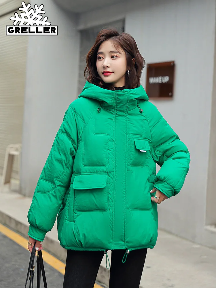GRELLER 2022 Winter Clothes Women Short Jacket Thick Hooded Cotton Padded Coats Female Loose Puffer Parkas Ladies Winter Coat