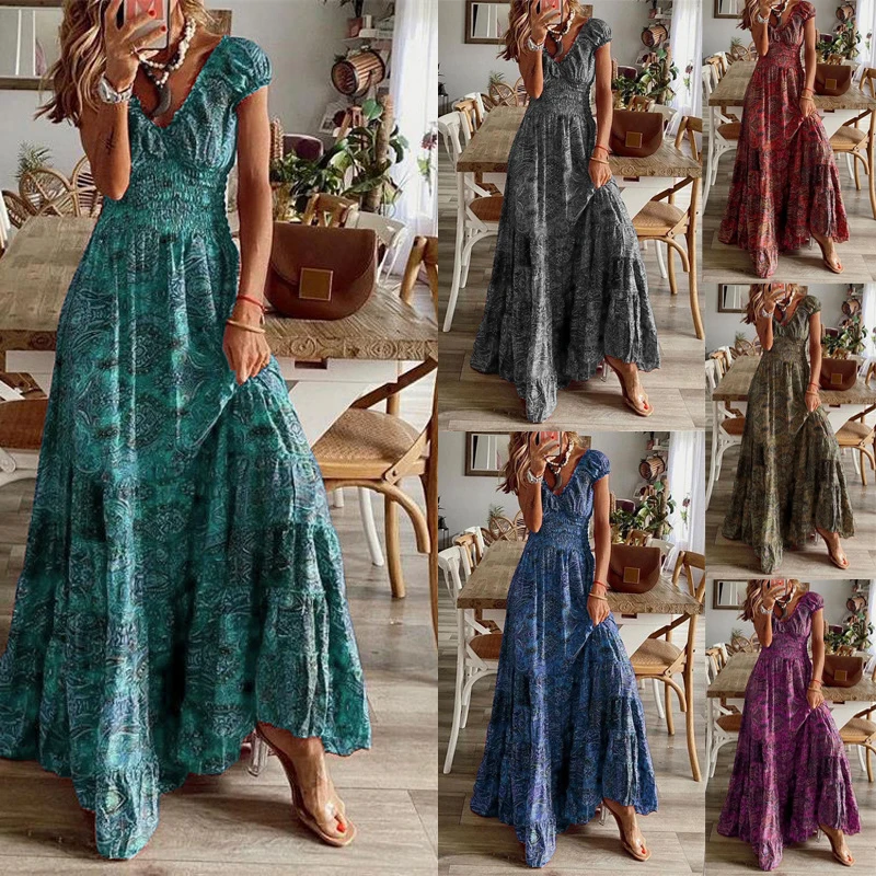 

Women Vintage Long Dresses 2023 Summer Floral Print Bohemian Beach Sundress Female Casual V Neck Big Swing Maxi Dresses Vestidos