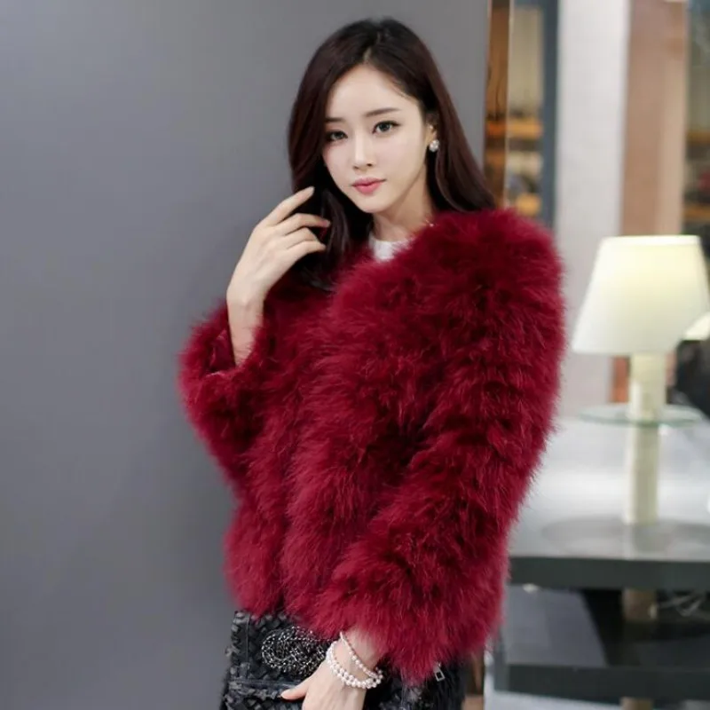 Hot Sale Fluffy Natural Ostrich Feather Coat Short Jacket Women Winter Overcoat