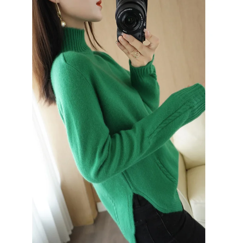 

Half High Collar Thickened Thermal Long Sleeve Underlay Knitwear Women's Retro Twist Split Sweater Loose Short Sweater