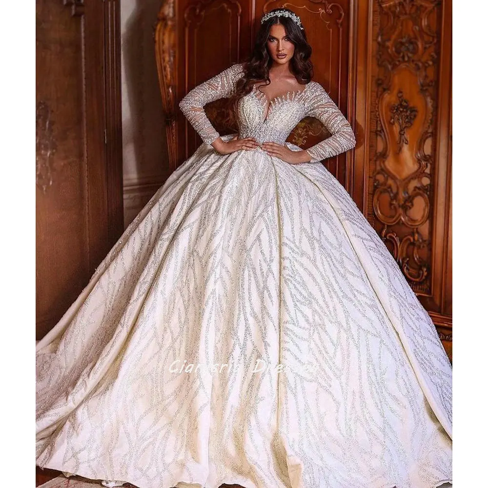 

Exquisite Sweetheart Long Sleeve Illusion Dubai Ball Gown Wedding Dress Crystal Beading Sequined Saudi Arabic Bridal Gown