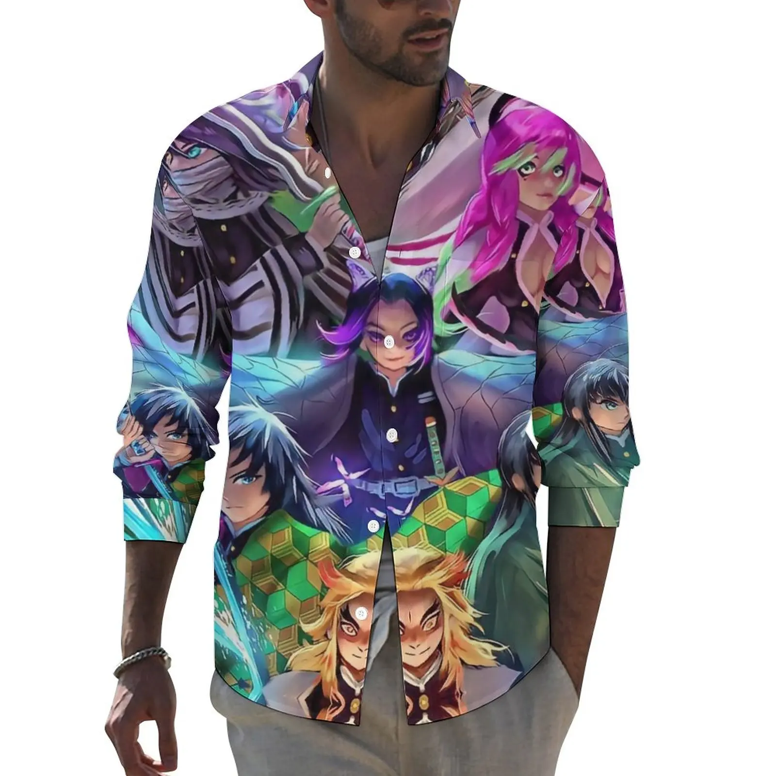 

Demon Slayer Print Y2K Casual Shirt Man Funny Anime Shirt Autumn Vintage Blouses Long Sleeve Design Oversized Clothes