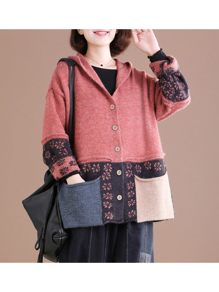 

Вязаный свитер с капюшоном, контрастных цветов, с карманами, весна-осень