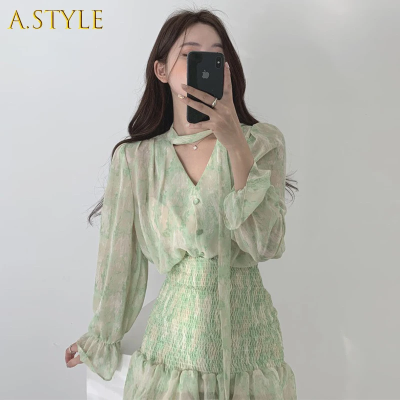 

A GIRLS Korean Chic Spring V-neck Lace Up Printing Dress for Women Slim Waist Vestido De Mujer Elegant Sweet Robe Femme
