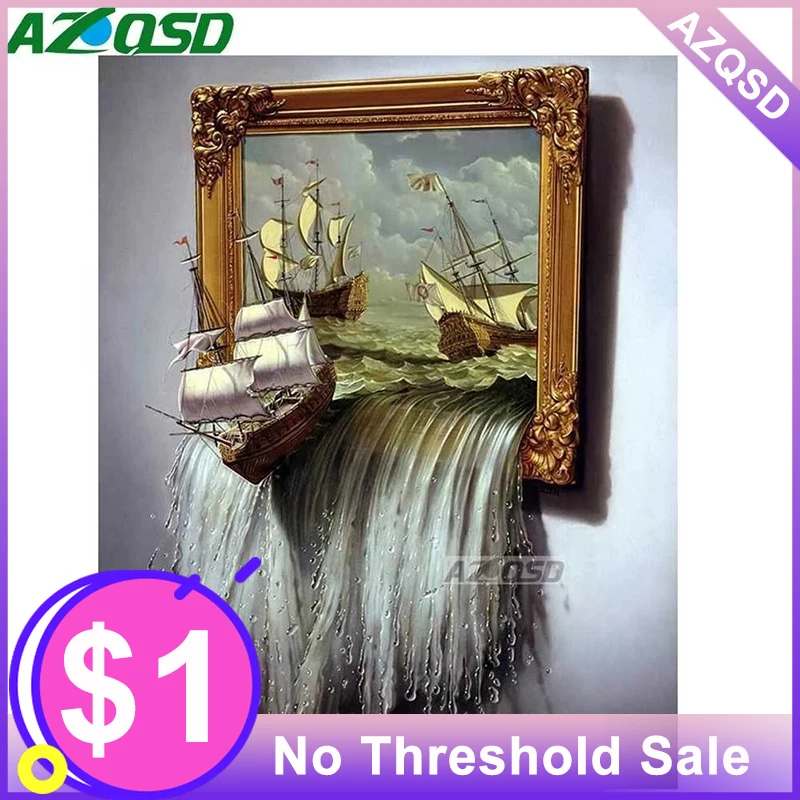 

AZQSD DIY 5D Diamond Painting Wall Decoration Sea Sail Boat Waterfall Full Round Diamond Embroidery Mosaic Painting Set Yz1703