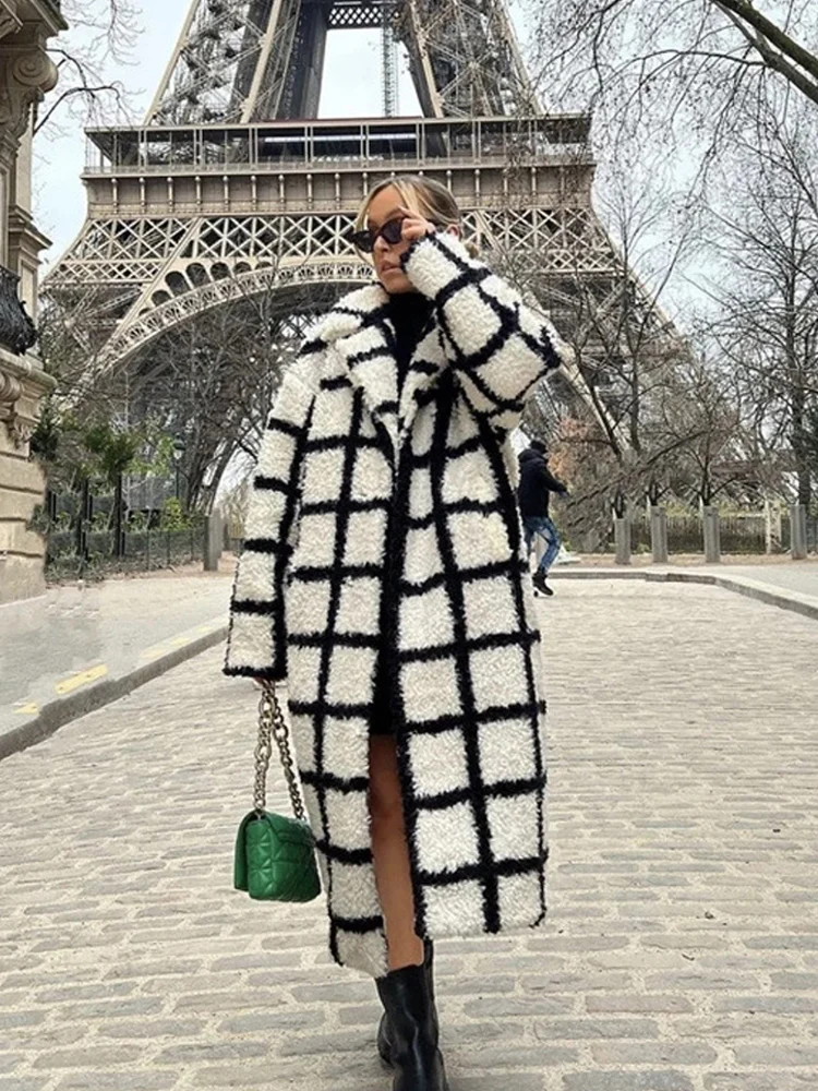 Lambswool Plaid Warm Women's Winter Jacket Coats Long Faux Fur 2022 Autumn Elegant Covered Button Trench Coat for Office Lady