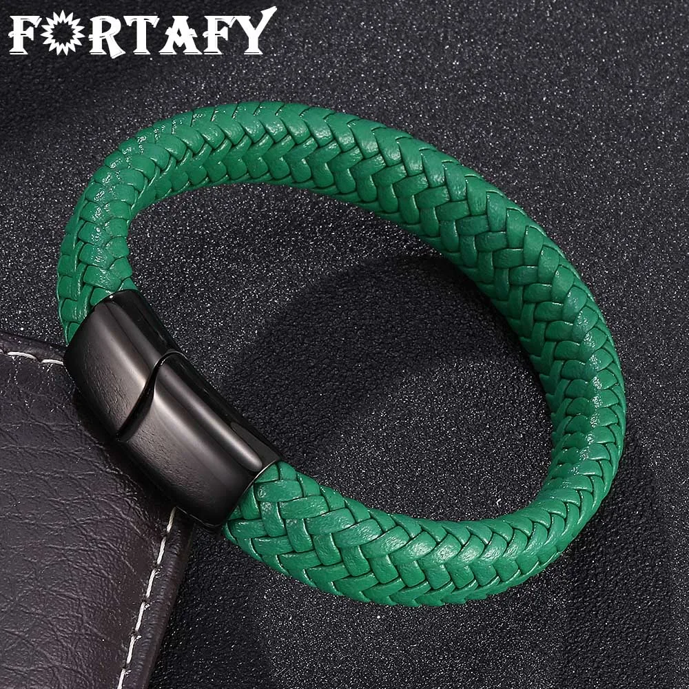 

FORTAFY Green Braided Leather Bracelet Men Stainless Steel Magnetic Clasp Fashion Bangles Man Bracelets Accessories FR0016