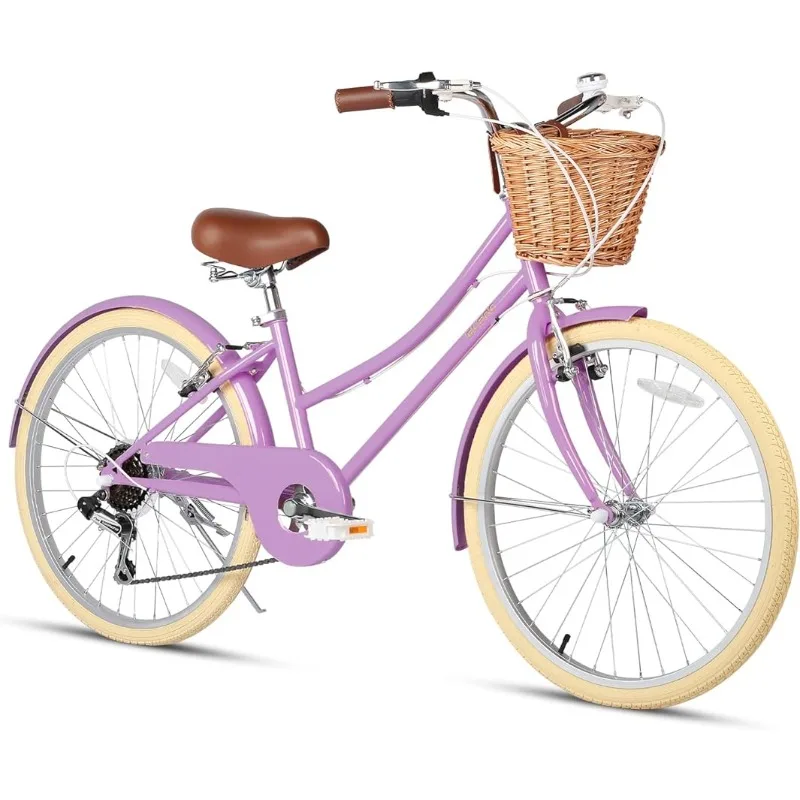 

Гибридный велосипед для девочек, 24 дюйма, 6-Скоростной детский прогулочный велосипед с плетеной корзиной, несколько цветов
