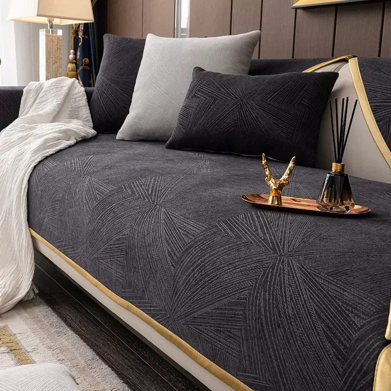 

Black Jacquard Sofa Cushions Light Luxury Non-Slip Sofa Towel Living Room 4 Seasons Seat Cushion Universal Home Protective Cover