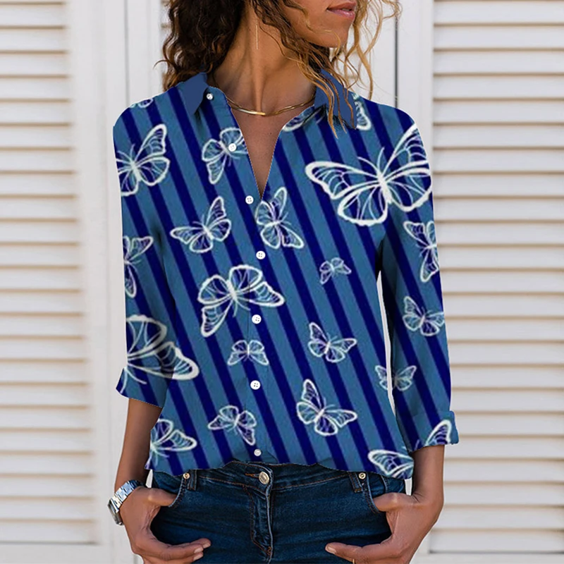 

Новинка, осенние женские рубашки в стиле Харадзюку С Длинным Рукавом, отложным воротником, 3D принтом бабочки, узор, уличная одежда, топы, Жен...