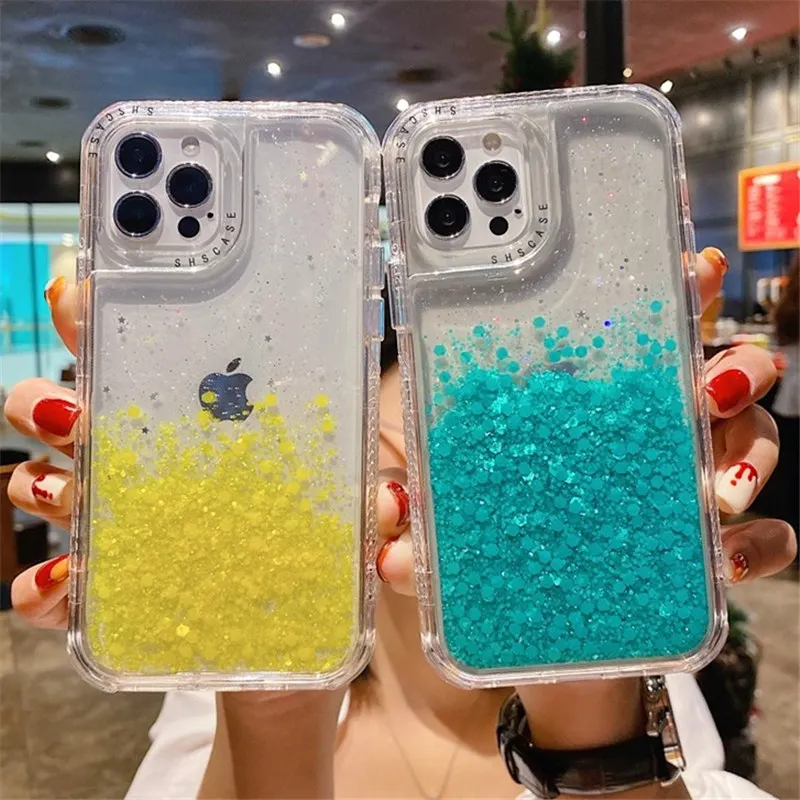 

Transparent Glitter 3 In 1 Phone Case For iPhone 13 12 11 Pro Max XR XS Max X 7 8 Plus 13Mini 12Pro Soft Shockproof Back Cover
