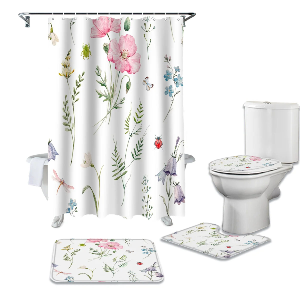 

Лепестки цветов божья коровка стрекоза насекомое занавеска для душа в ванную комнату Набор ковриков Крышка для туалета напольные коврики а...