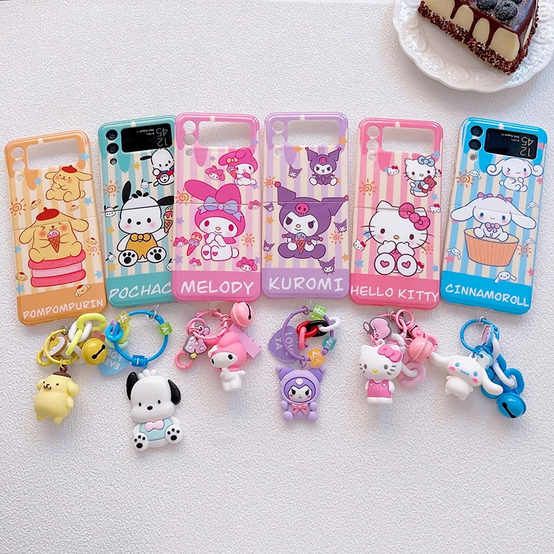 

Sanrios Hello kitty Kuromi Pochacco 3D Hand Chain Phone Case For Samsung Galaxy Z Flip 3 4 5G ZFlip3 ZFlip4 Flip3 Flip4 Cover