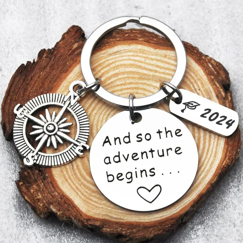 

2024 Stainless Steel and So The Adventure Begins Keychain Key Chain Graduation Ceremony Souvenir Key Chain Keyring