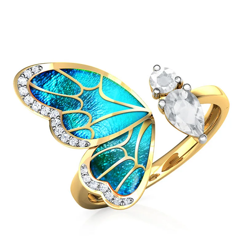 

Huitan Fashion Colorful Bow Open Ring for Women Blue Wing Crystal Zircon Gold Color Dancing Party Delicate Girl Resizable Rings