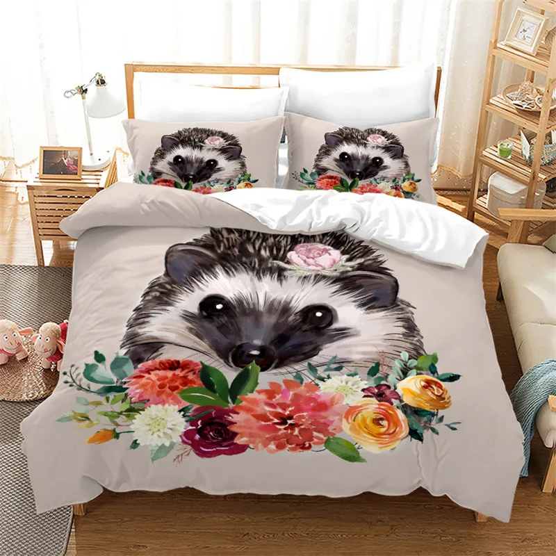 

Animal Hedgehog Bedding Set Cartoon Flower Bed Linen Single Double Size For Boys Girls Kids Home Decor Cute Duvet Cover Sets