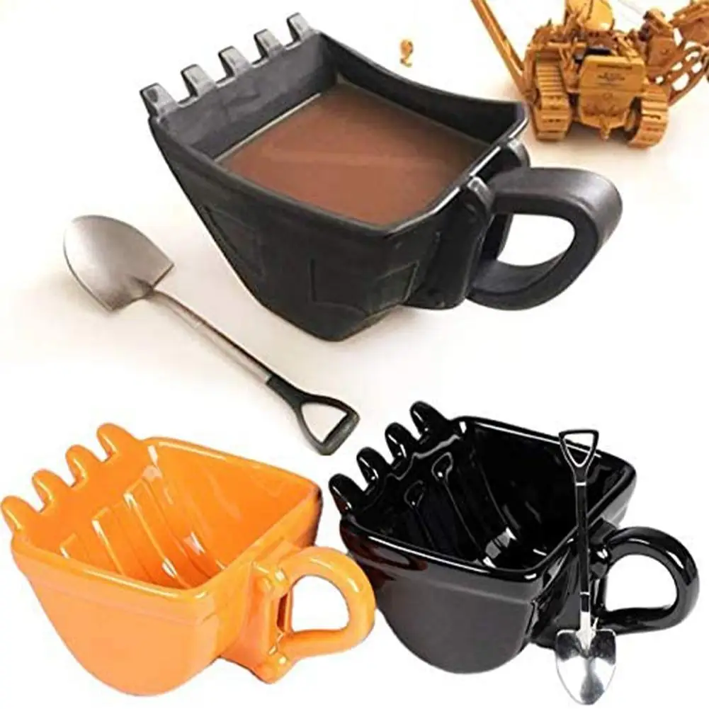 3D Yellow Excavator Bucket Model Cafe Coffee Mug with Spade Shovel Spoon Funny Digger Ashtray Cake Container Tea Cup