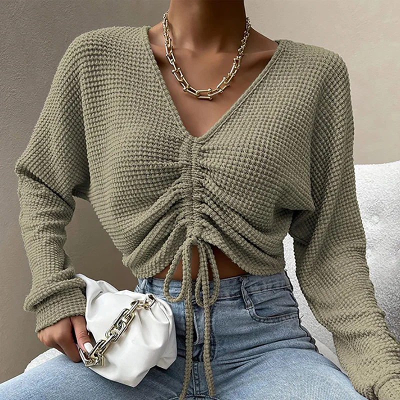 Sexy Crop Tops Women V Neck Long Sleeve Short Shirts For Women Solid Drawstring Knit Tops Autumn Fashion Pullover Jumpers