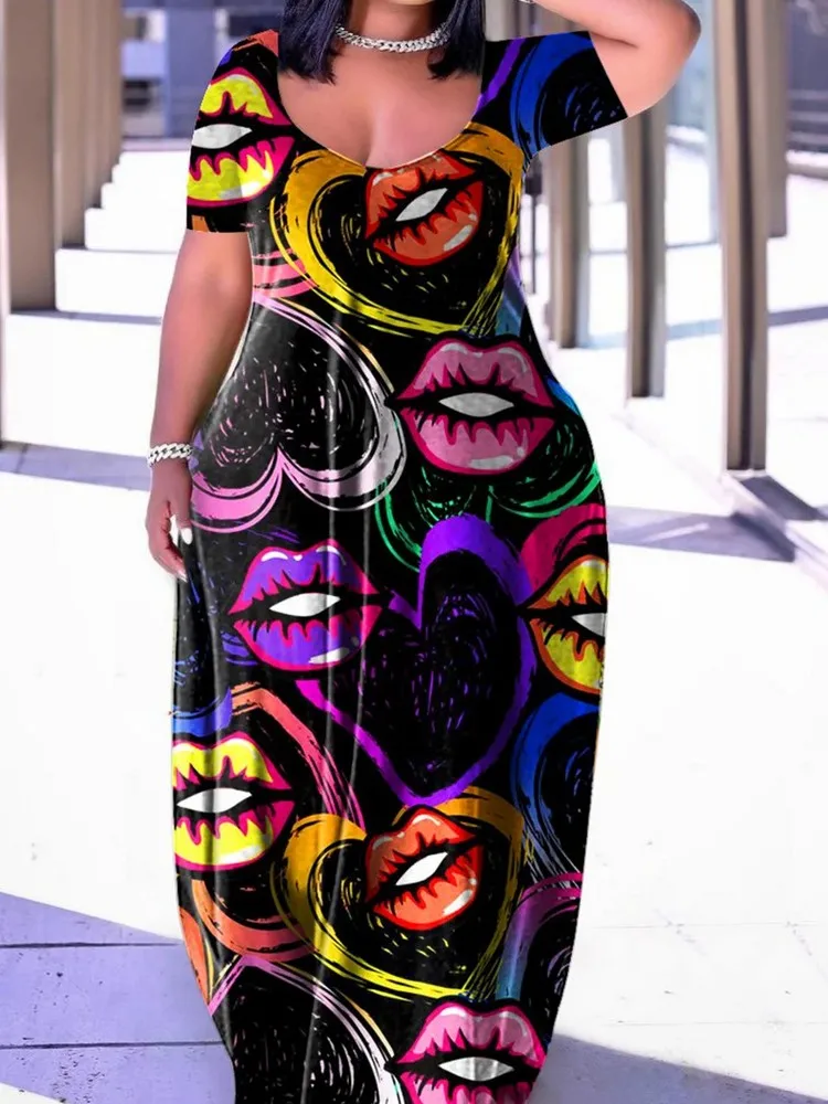 

Женское платье в пол с коротким рукавом и круглым вырезом, свободного покроя